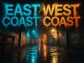 Nocny zaułek z neonowym napisem "EAST COAST WEST COAST". Deszczowa ulica, graffiti i samotna postać w oddali.