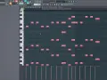 Widok edytora **fl studio piano roll** z zaznaczonymi nutami. Widać klawiaturę fortepianową i siatkę z zapisanymi dźwiękami.