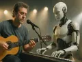 Człowiek gra na gitarze, a robot na keyboardzie. Wspólne tworzenie muzyki AI.