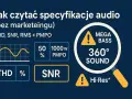 Wykresy i parametry jak THD, SNR, PMPO pomagają ocenić efektywność głośnika. Mega Bass i 360° Sound to chwyty marketingowe.