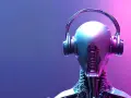 Sztuczna inteligencja słucha muzyki. Futurystyczny robot w słuchawkach, oświetlony neonowym blaskiem.