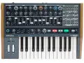 MiniBrute 2, syntezator analogowy z drewnianymi panelami bocznymi, oferuje bogactwo dźwięków wytwarzanych przez oscylator, z licznymi pokrętłami i suwakami do modulacji.