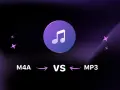 Porównanie formatów audio: M4A vs MP3. Ikona nuty symbolizuje muzykę.