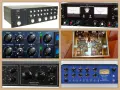 Różne urządzenia audio, w tym multiband compressor, z gałkami i wskaźnikami.