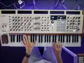 Ręce grają na syntezatorze Arturia PolyBrute 12. Widać pokrętła, suwaki i klawisze, tworząc bogate **music stems**.