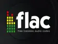 Logo FLAC z kolorowym wskaźnikiem poziomu dźwięku i napisem "free lossless audio codec". Ciesz się muzyką w najwyższej jakości.