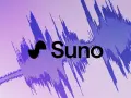 Logo Suno na tle fioletowej fali dźwiękowej. Słyszysz ten sus sound?