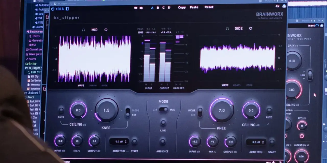 Ustawienia wtyczki audio, w tym suwaki i wykresy, pokazujące kontrolę nad **soft clipping** i poziomami sygnału.