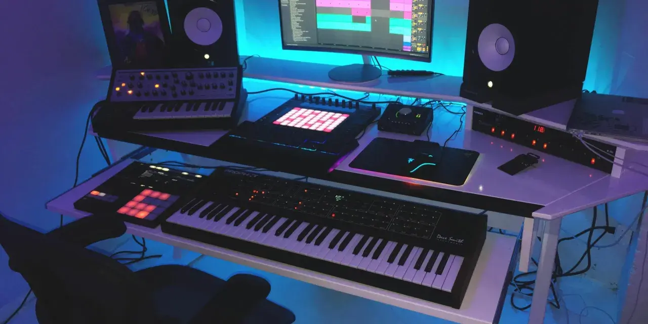 Studio z syntezatorami, kontrolerami i monitorami. Idealne miejsce do tworzenia muzyki, spełniające **fl studio wymagania**.