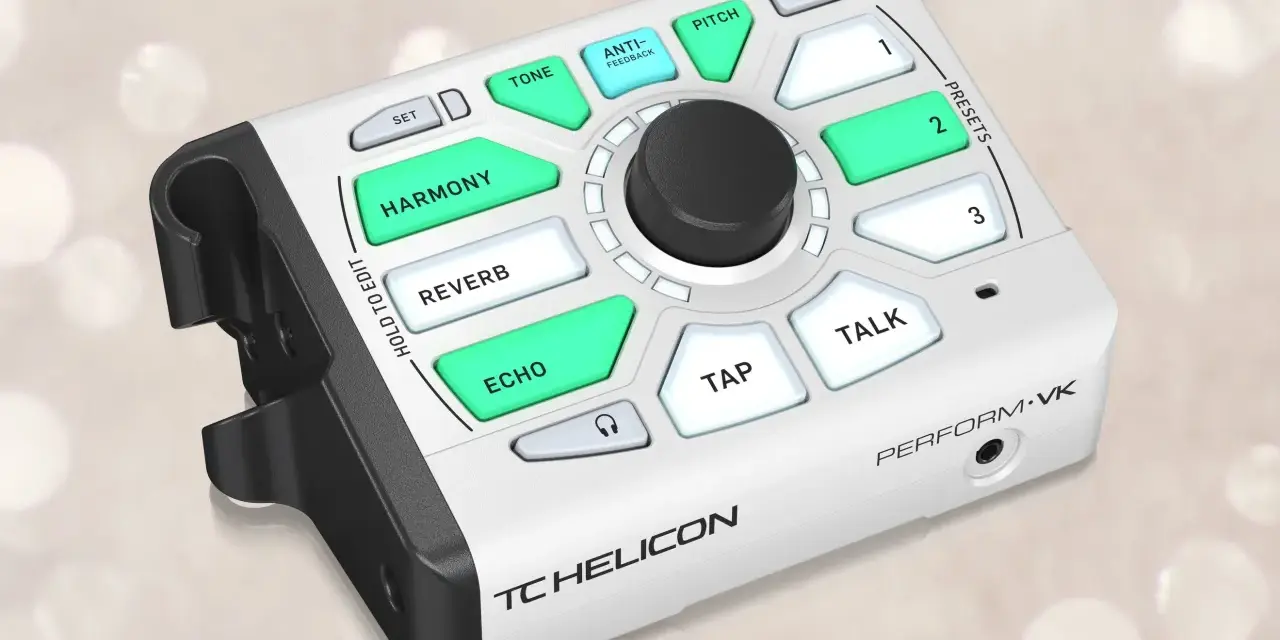 TC Helicon Perform-VK – kompaktowe urządzenie do przetwarzania wokalu z efektami takimi jak harmonia, reverb, echo, pitch i talk.