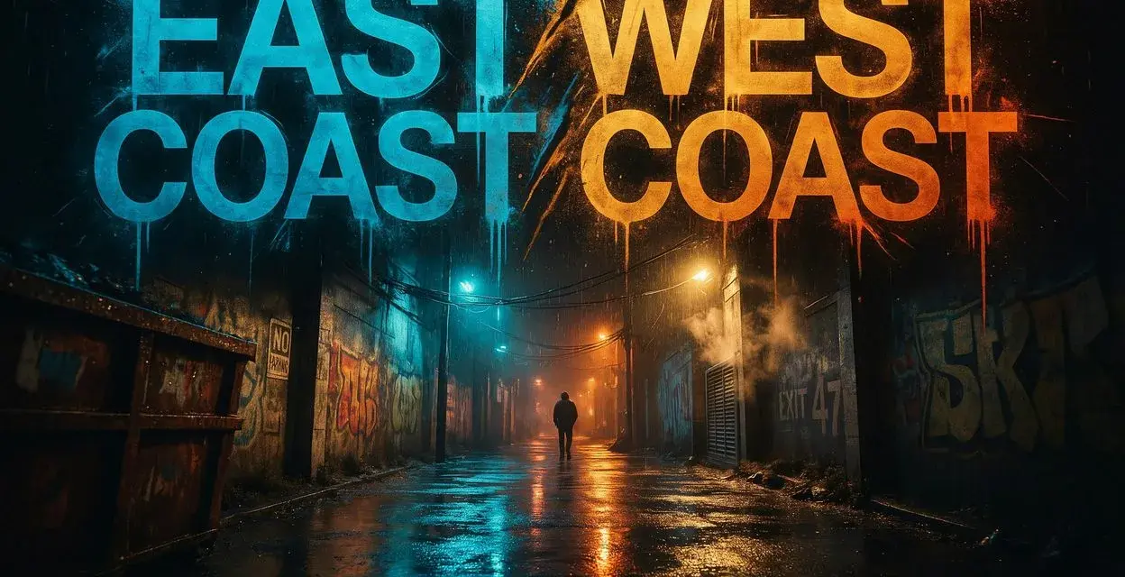 Nocny zaułek z neonowym napisem "EAST COAST WEST COAST". Deszczowa ulica, graffiti i samotna postać w oddali.