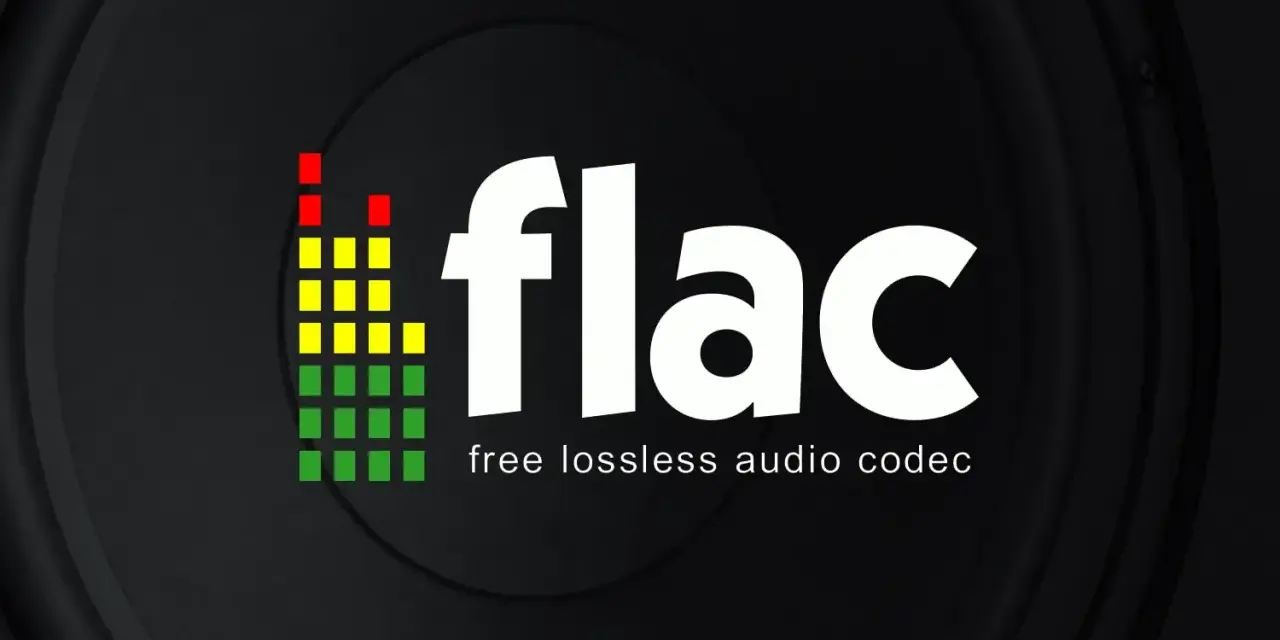 Logo FLAC z kolorowym wskaźnikiem poziomu dźwięku i tekstem "free lossless audio codec". Idealny dla miłośników wysokiej jakości dźwięku i niskiego flac bitrate.