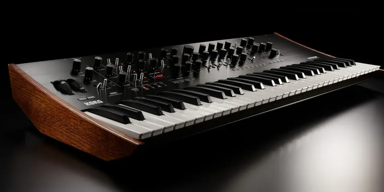 Elegancki syntezator Korg prologue 16 z drewnianymi panelami bocznymi, gotowy do tworzenia muzyki.