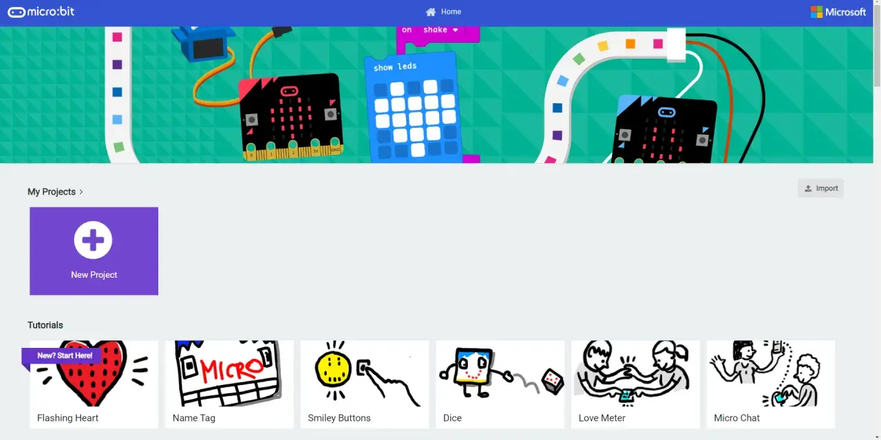 Strona główna micro:bit. Zobacz, jak zrobic bit, tworząc nowy projekt lub korzystając z samouczków, np. "Migające serce".