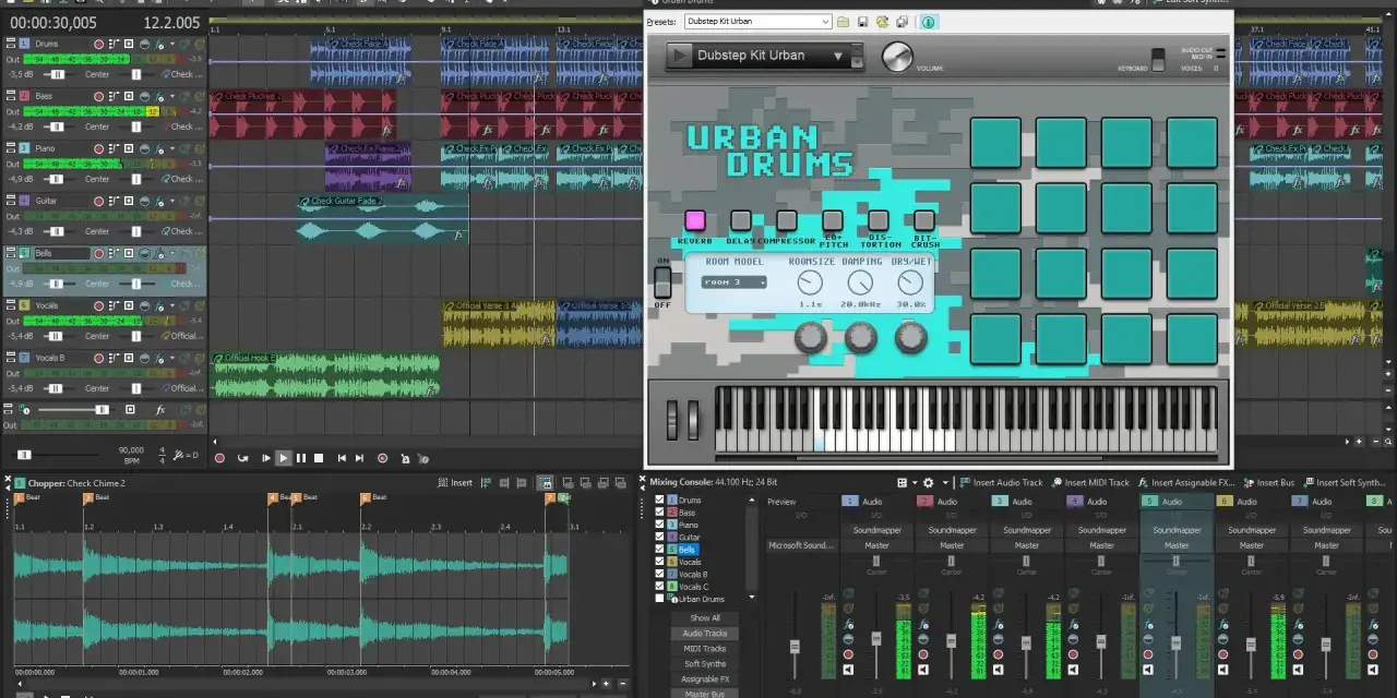 W programie Sonic Foundry ACID tworzę utwór z bębnami Urban Drums, basem i gitarą.