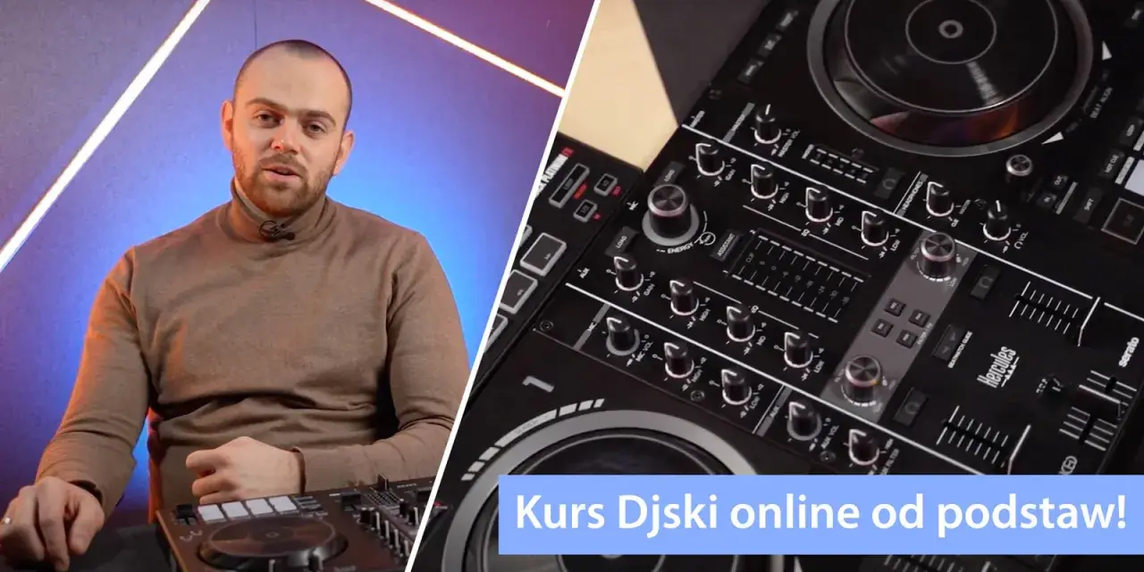 Mężczyzna w golfie obok konsoli DJ-skiej. Kursy Djskie online od podstaw, świetna muzyka swing.