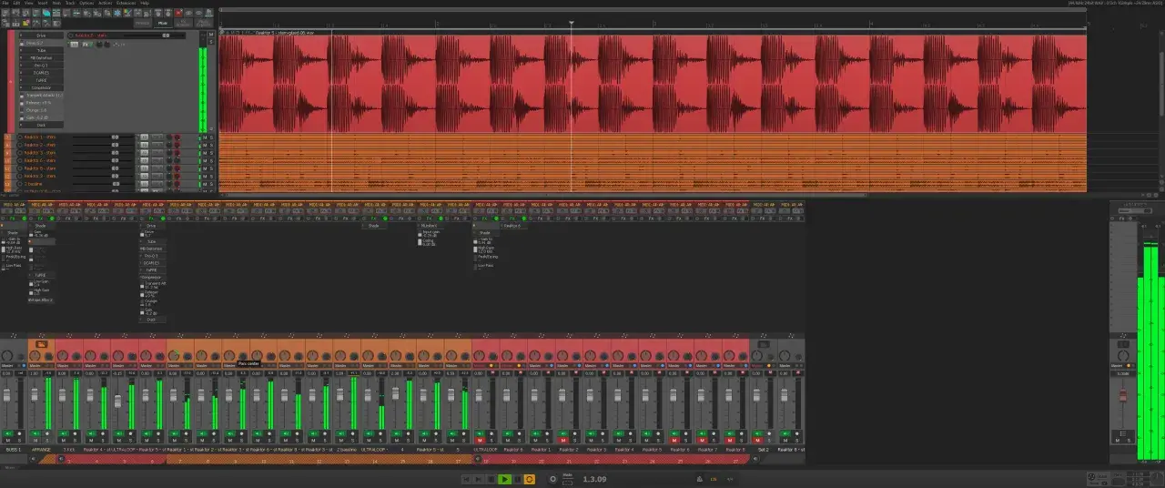 Program do produkcji muzyki z falami dźwiękowymi i suwakami miksera, sugerujący mroczne, **reaper themes**.