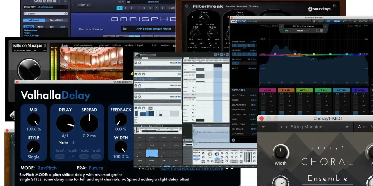 Kolekcja najlepszych pluginów audio: Valhalla Delay, Omnisphere, FilterFreak, Limitless i Choral.