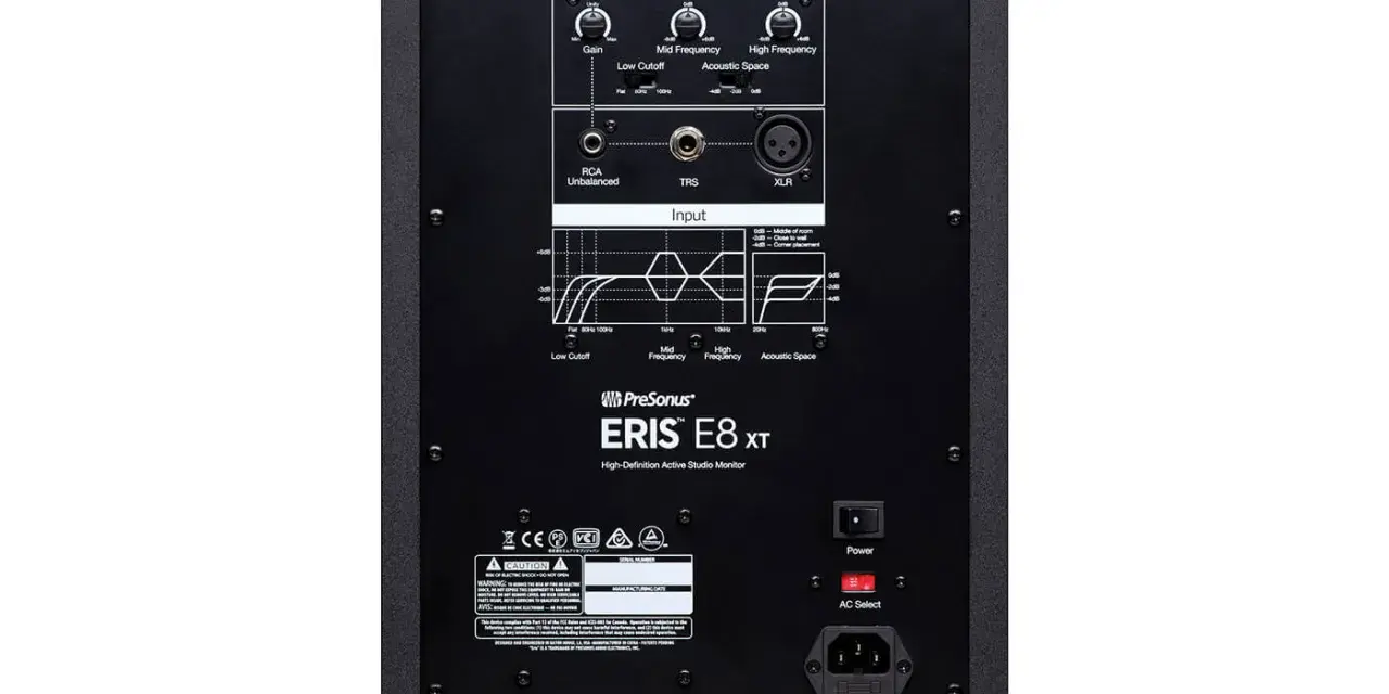 Tył monitora studyjnego PreSonus Eris E8 XT z pokrętłami Gain, Mid/High Frequency, Low Cutoff i złączami Input.