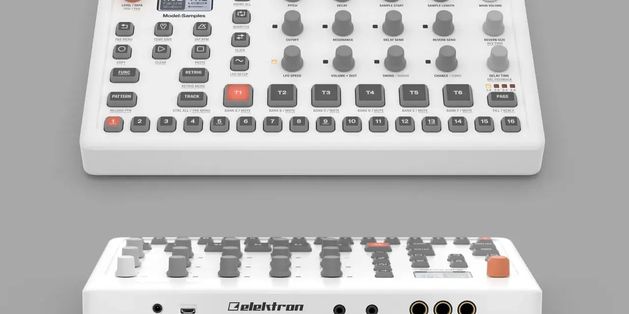 Elektron Model:Samples - biały sampler z licznymi przyciskami i pokrętłami, gotowy do tworzenia muzyki.