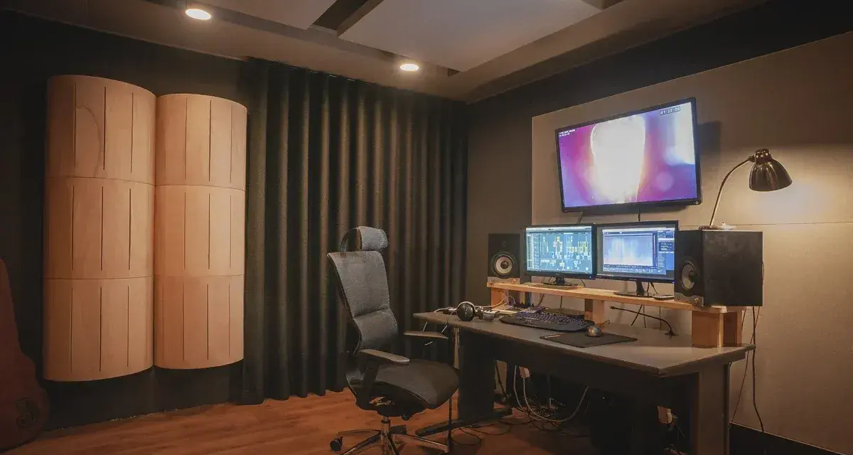 Studio nagraniowe z monitorem studyjnym, dwoma ekranami, wygodnym fotelem i panelami akustycznymi, które pomagają w kontroli **damping factor**.