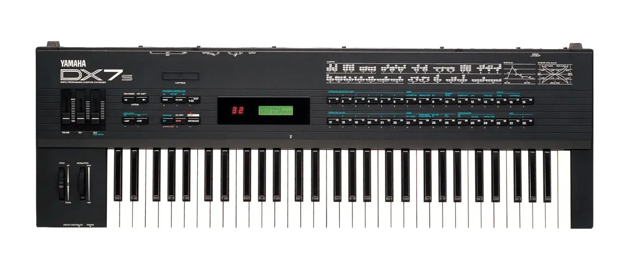 Czarny syntezator Yamaha DX7s z klawiaturą i panelem sterowania. Ikona muzyki z lat 80.