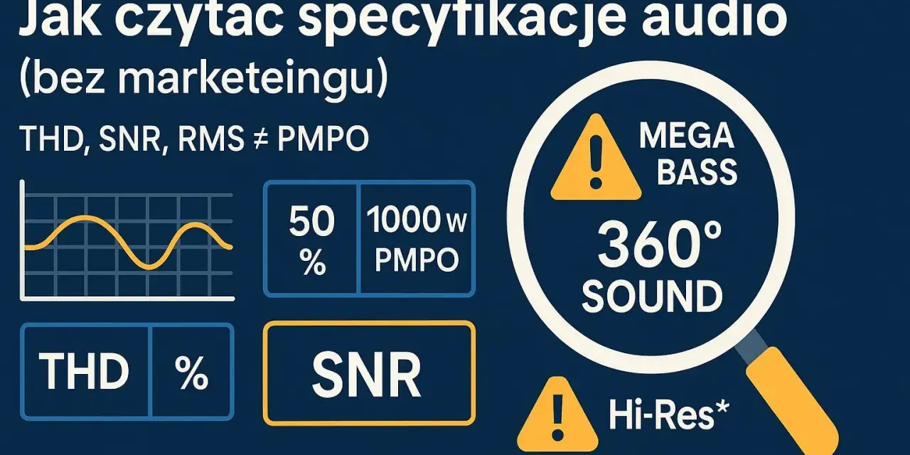 Wykresy i parametry jak THD, SNR, PMPO pomagają ocenić efektywność głośnika. Mega Bass i 360° Sound to chwyty marketingowe.