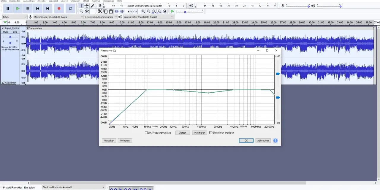 Korekcja dźwięku za pomocą wtyczki equalizer. Wykres pokazuje ustawienia filtrów EQ dla ścieżki audio.