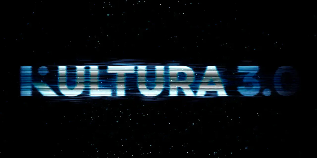 Napis "KULTURA 3.0" z efektem glitch, jakby zepsuty sygnał.