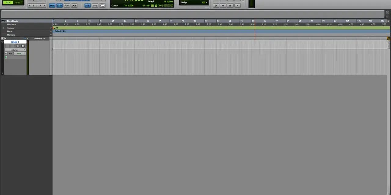 W programie Pro Tools widać ścieżkę click track z zaznaczonym metronomem i tempem 90 BPM.