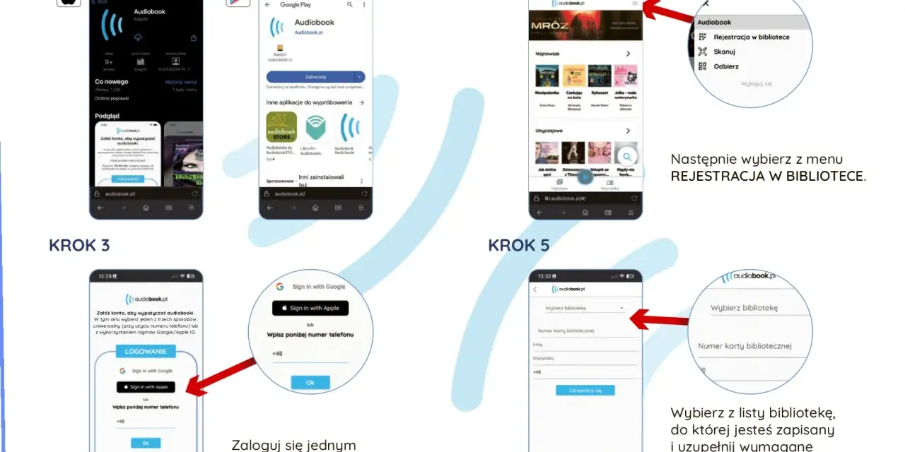Krok 4: wybierz "Rejestracja w bibliotece" z menu, aby dodać swoje dane i uzyskać dostęp do audiobooków.