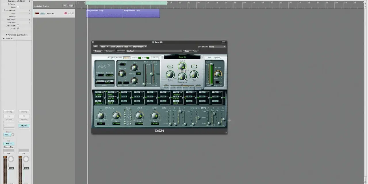 Wtyczka EXS24 z efektami, w tym pogłos, w programie Logic Pro.