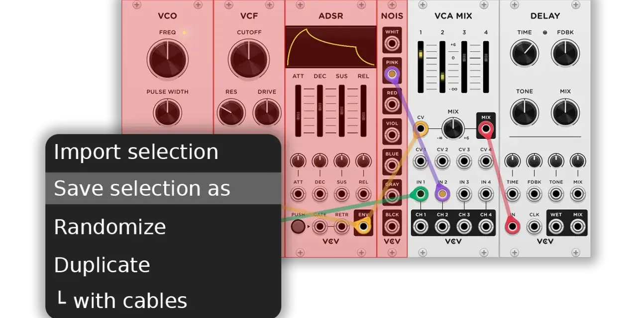 Menu z opcjami dla vcv rack 2: "Import selection", "Save selection as", "Randomize", "Duplicate", "L with cables".