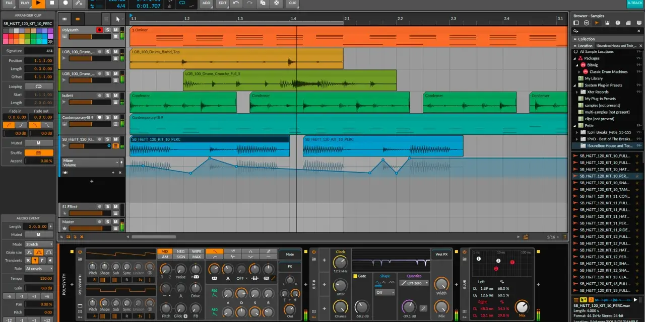 Sekwencja w Bitwig 8-Track z samplami perkusyjnymi i syntezatorami.
