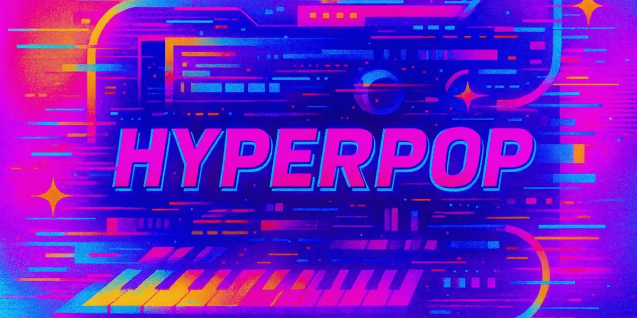 Neonowe klawisze i tekst "HYPERPOP" na tle cyfrowego szumu. To właśnie jest hyperpop – muzyka przyszłości, pełna energii i koloru.