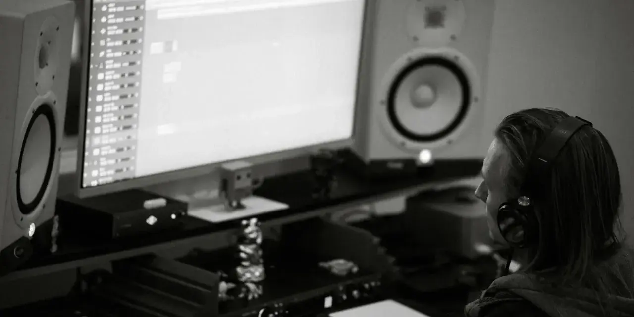 Producent muzyczny w słuchawkach tworzy beaty w studiu. Zastanawia się, czym się różni trap od rapu, analizując dźwięki na monitorze.