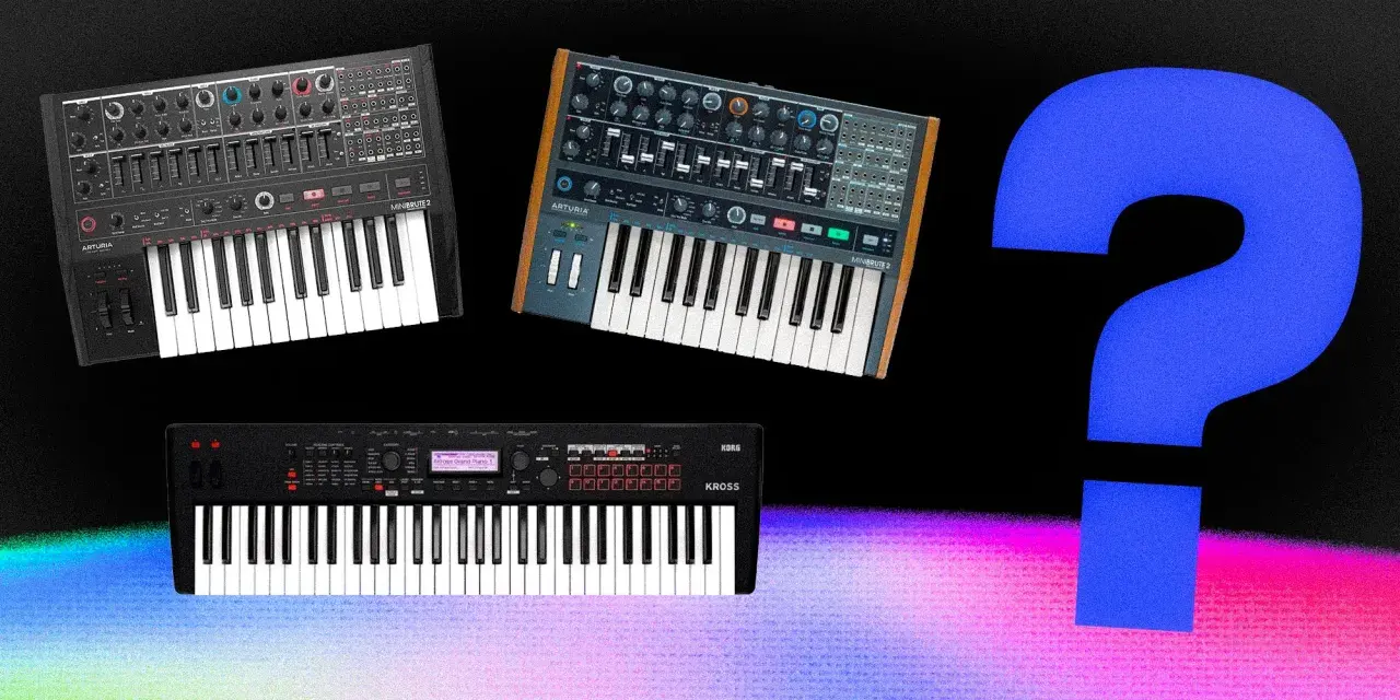 Synteza subtraktywna: trzy syntezatory, w tym dwa Arturia Minibrute 2 i Korg Kross, obok wielkiego znaku zapytania.