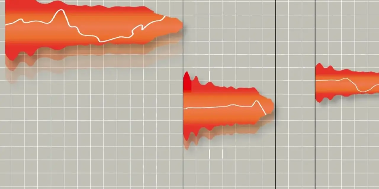 Pomarańczowe kształty z białymi liniami, przypominające zapis nutowy na piano roll, unoszą się nad szarą siatką.