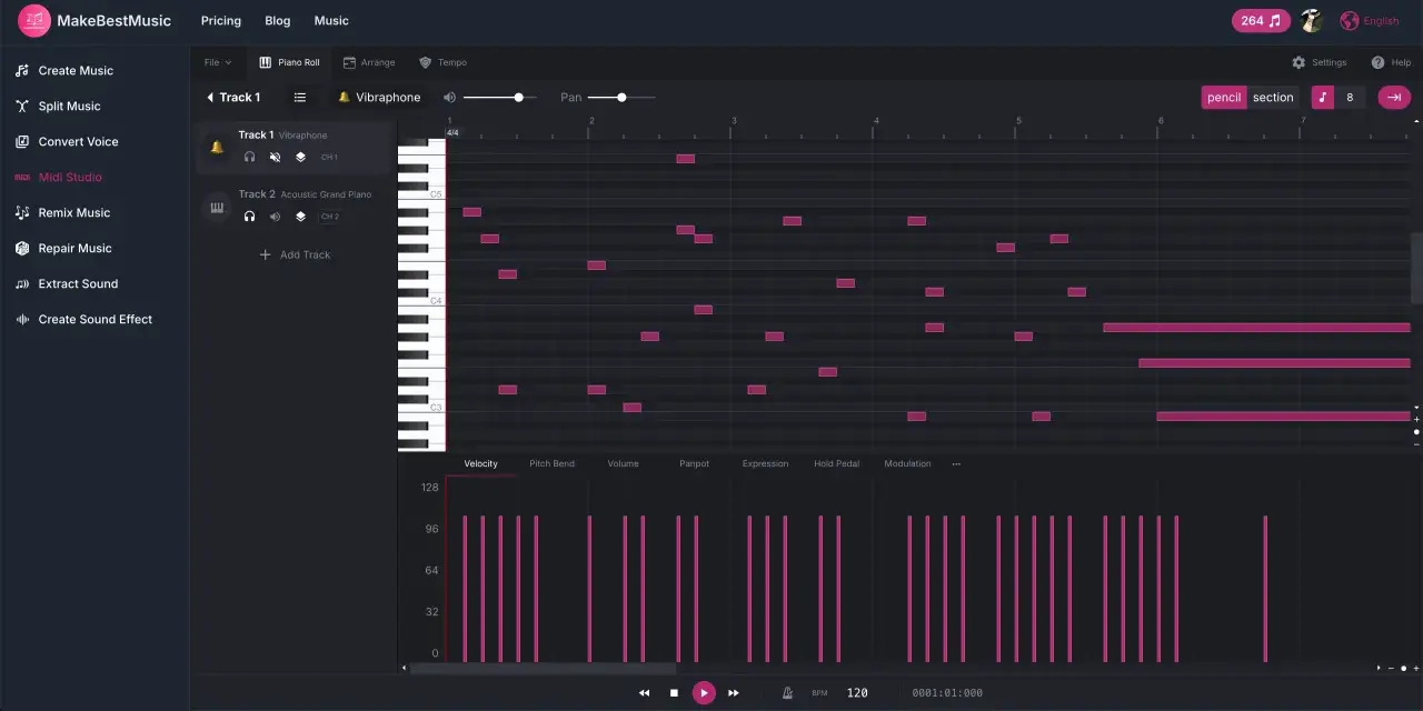 Program do tworzenia muzyki, gdzie widać sekwencję nut na wibrafonie i pianinie. Ten melody maker pozwala na komponowanie utworów.