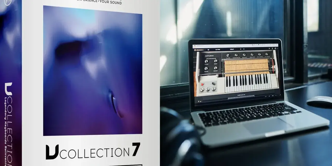 Pudełko z Arturia V Collection 7 obok laptopa z interfejsem syntezatora.