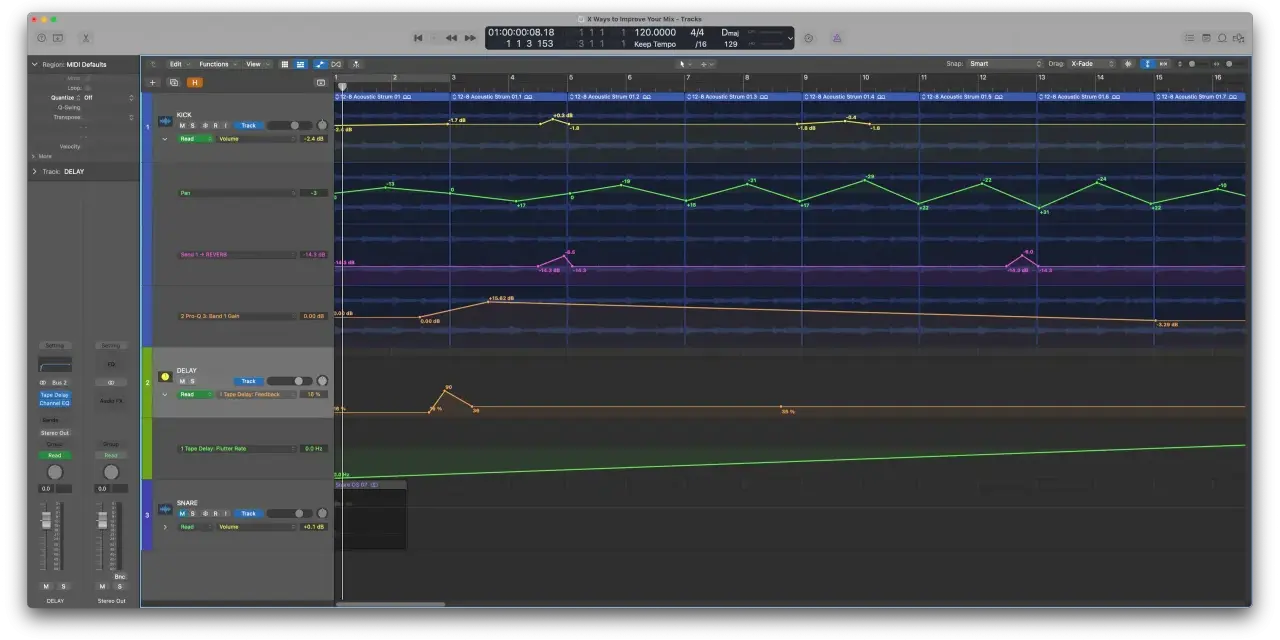 Ścieżka DELAY z efektem Tape Delay, widoczne parametry takie jak Feedback i Flutter Rate.