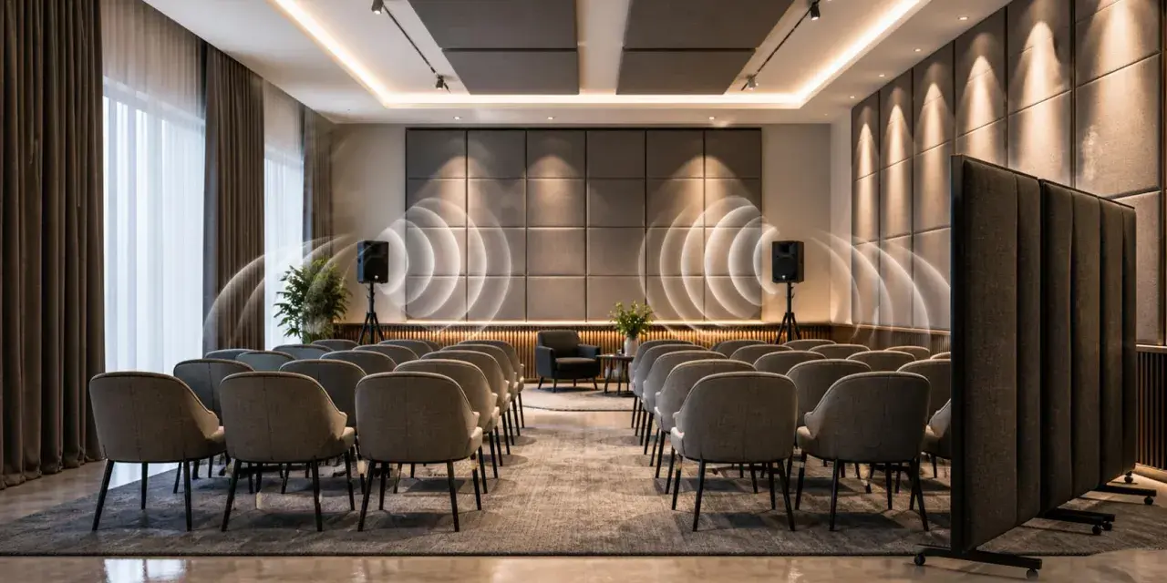 Sala konferencyjna z rzędami krzeseł, głośnikami i wizualizacją dźwięku. Słychać echo w pokoju, które odbija się od paneli ściennych.