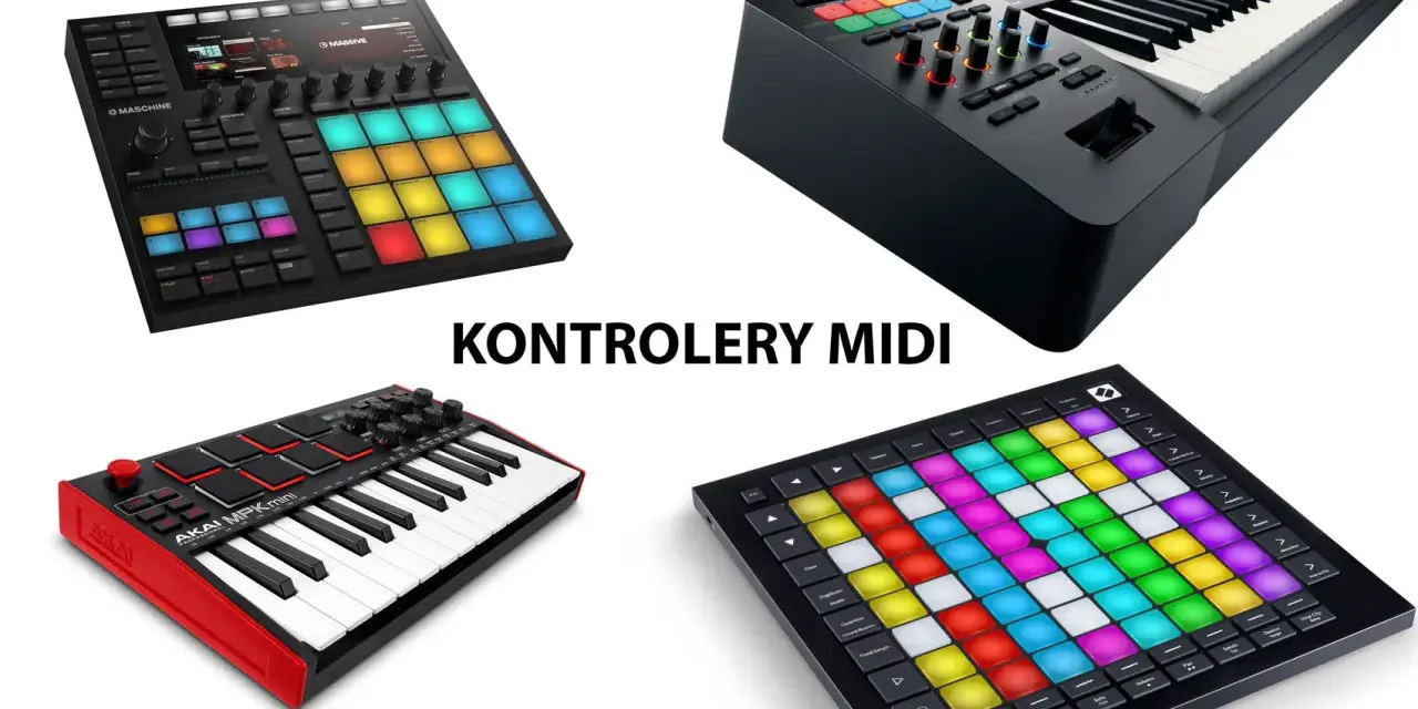 Klawiatury i pady do tworzenia muzyki, takie jak Maschine, AKAI MPK mini i inne urządzenia MIDI, gotowe do pracy.