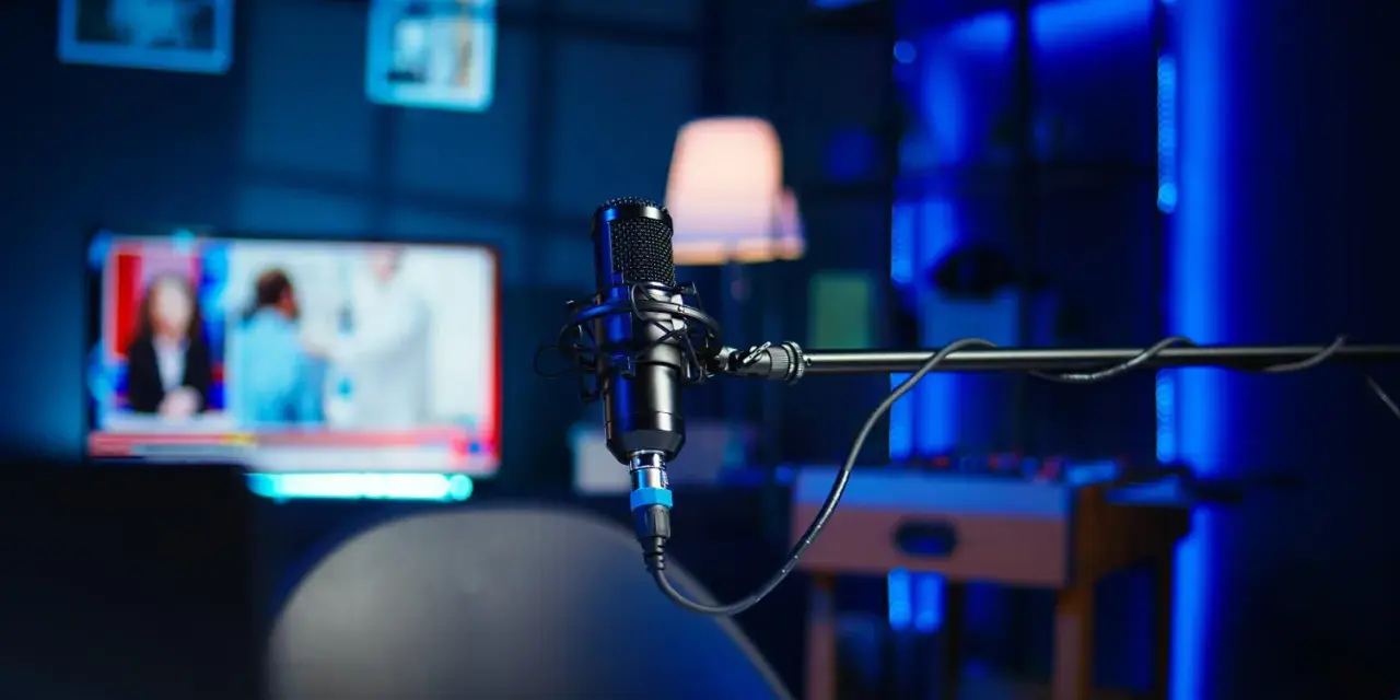 Profesjonalne studio do nagrywania z mikrofonem w centrum. W tle widać ekran telewizora z wiadomościami i niebieskie oświetlenie.