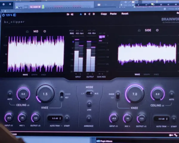 Ustawienia wtyczki audio, w tym suwaki i wykresy, pokazujące kontrolę nad **soft clipping** i poziomami sygnału.