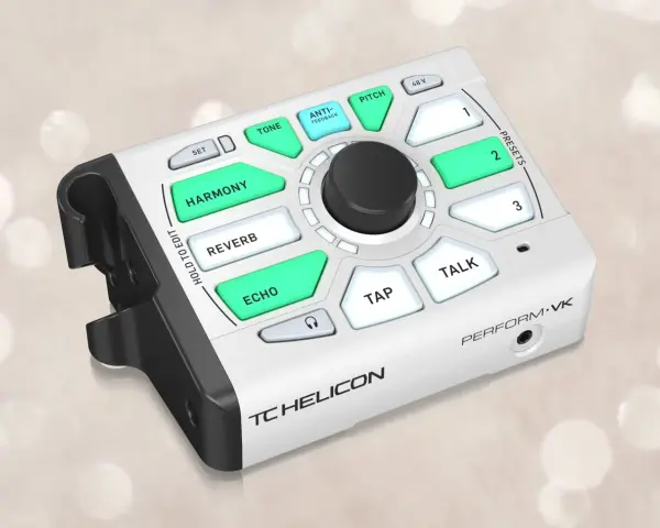 TC Helicon Perform-VK – kompaktowe urządzenie do przetwarzania wokalu z efektami takimi jak harmonia, reverb, echo, pitch i talk.