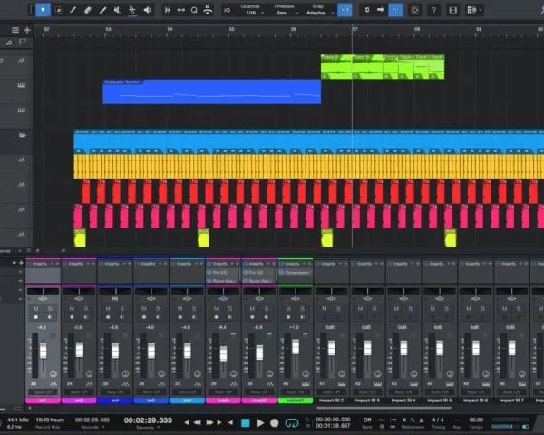 Tworzenie muzyki na telefonie: ekran programu do produkcji muzyki z wieloma ścieżkami, instrumentami i mikserem.