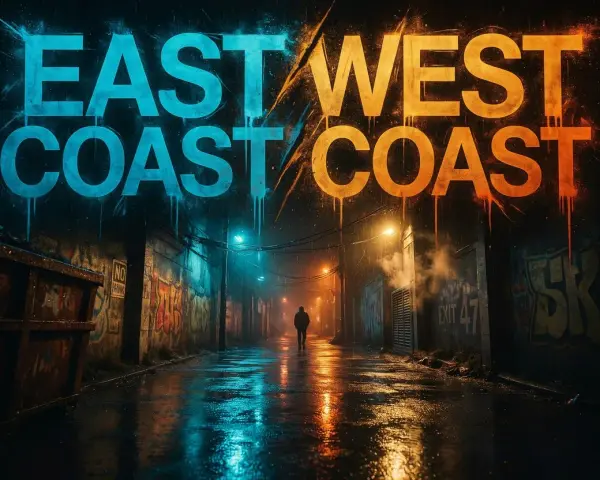 Nocny zaułek z neonowym napisem "EAST COAST WEST COAST". Deszczowa ulica, graffiti i samotna postać w oddali.