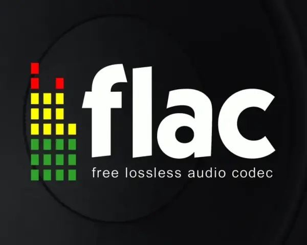 Logo FLAC z kolorowym wskaźnikiem poziomu dźwięku i tekstem "free lossless audio codec". Idealny dla miłośników wysokiej jakości dźwięku i niskiego flac bitrate.