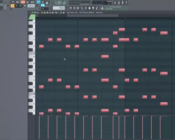 Widok edytora **fl studio piano roll** z zaznaczonymi nutami. Widać klawiaturę fortepianową i siatkę z zapisanymi dźwiękami.